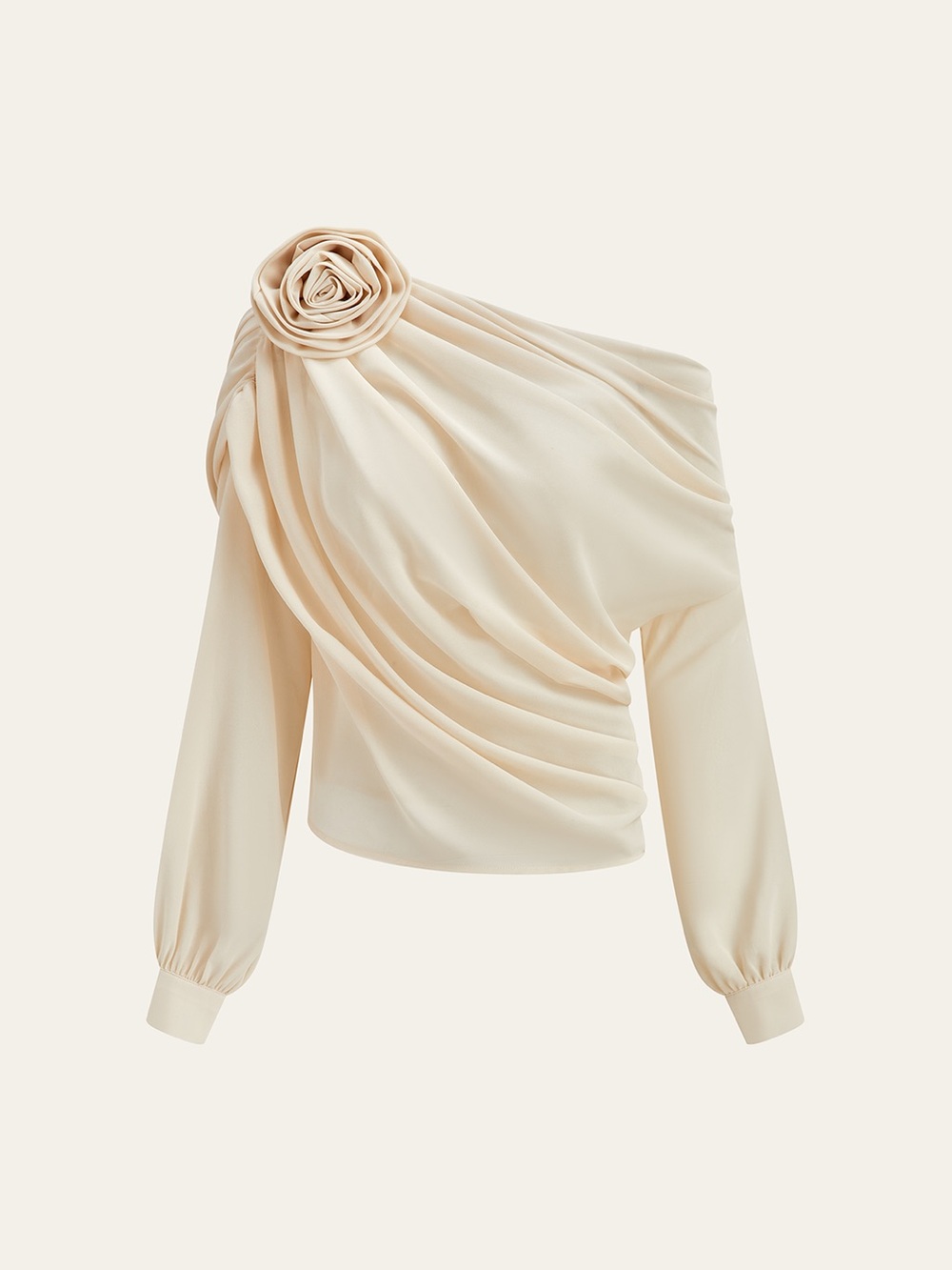 Commense One-Shoulder Rose Appliqué Blouse in Cream